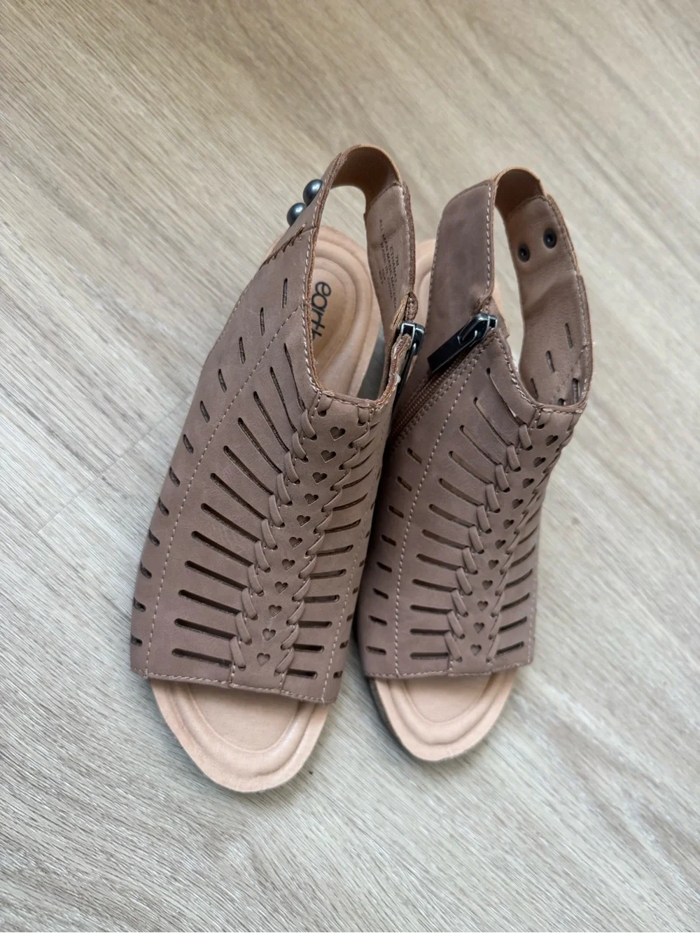 Earth Tan Cutout Wedge Sandals with Side Zip
